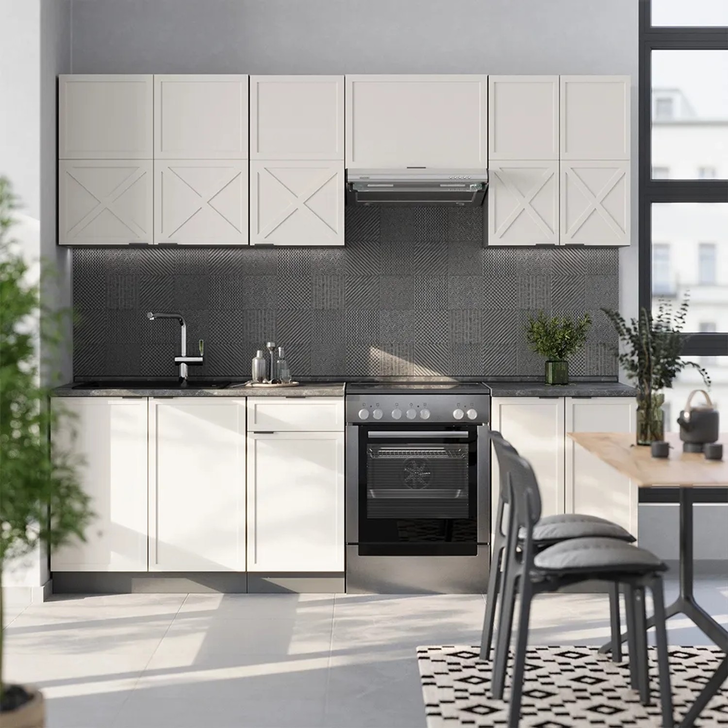 Vicco Fame-Line Küchenzeile, 240 cm, GrauBeige/Anthrazit, AP Marmor. Küchenblock mit Spüle und Herd.