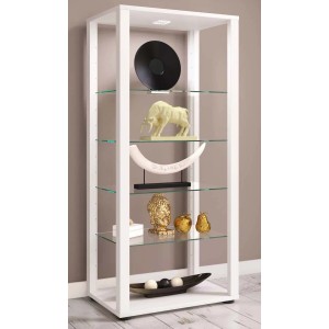 Weiße Glasol4 Vitrine mit Glasböden, dekoriert mit Deko-Objekten.