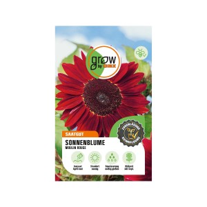 Samenpackung GROW by OBI Sonnenblume Moulin Rouge mit dunkelroter Blüte.