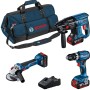 Bosch Professional Akku-Kombi-Kit: Schlagbohrschrauber, Winkelschleifer, Bohrhammer, 3 Akkus und Ladegerät in Tasche.