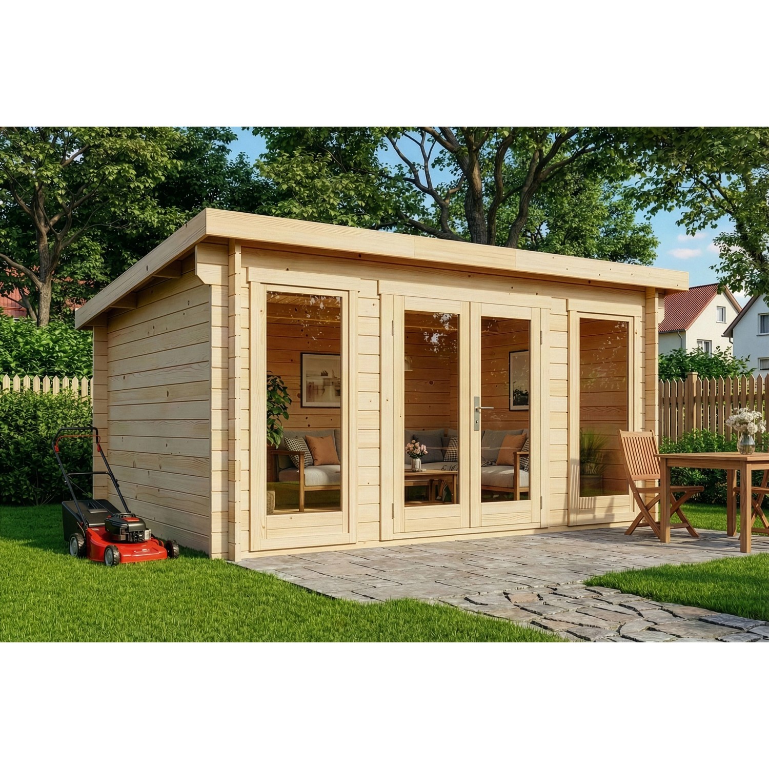 Alpholz Holz-Gartenhaus Atrium F 440x340cm Naturbelassen 34mm Wandstärke
