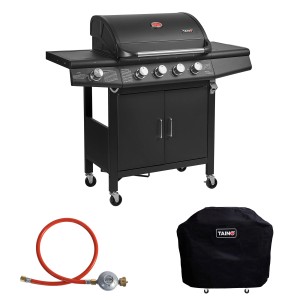 Taino Red 4+1 Gasgrill Set mit Haube, Regler und Wetterschutzhaube, Grillwagen in Schwarz.