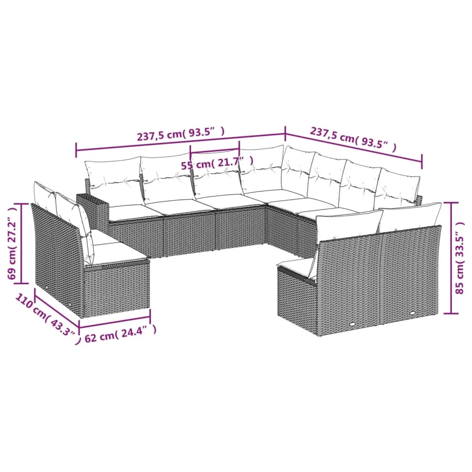 Beige 11-tlg. Garten-Sofagarnitur aus Poly Rattan mit Kissen, Maße eingezeichnet.