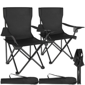 Tectake Campingstuhl Set, 2 faltbare, schwarze Outdoor-Stühle mit Getränkehalter und Tragetaschen.