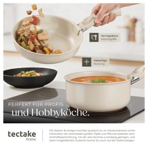 Tectake Küchenset: Pfanne mit Speisen, Topf mit Suppe, Schüssel. Kochgeschirr aus Steingut und Aluminium.