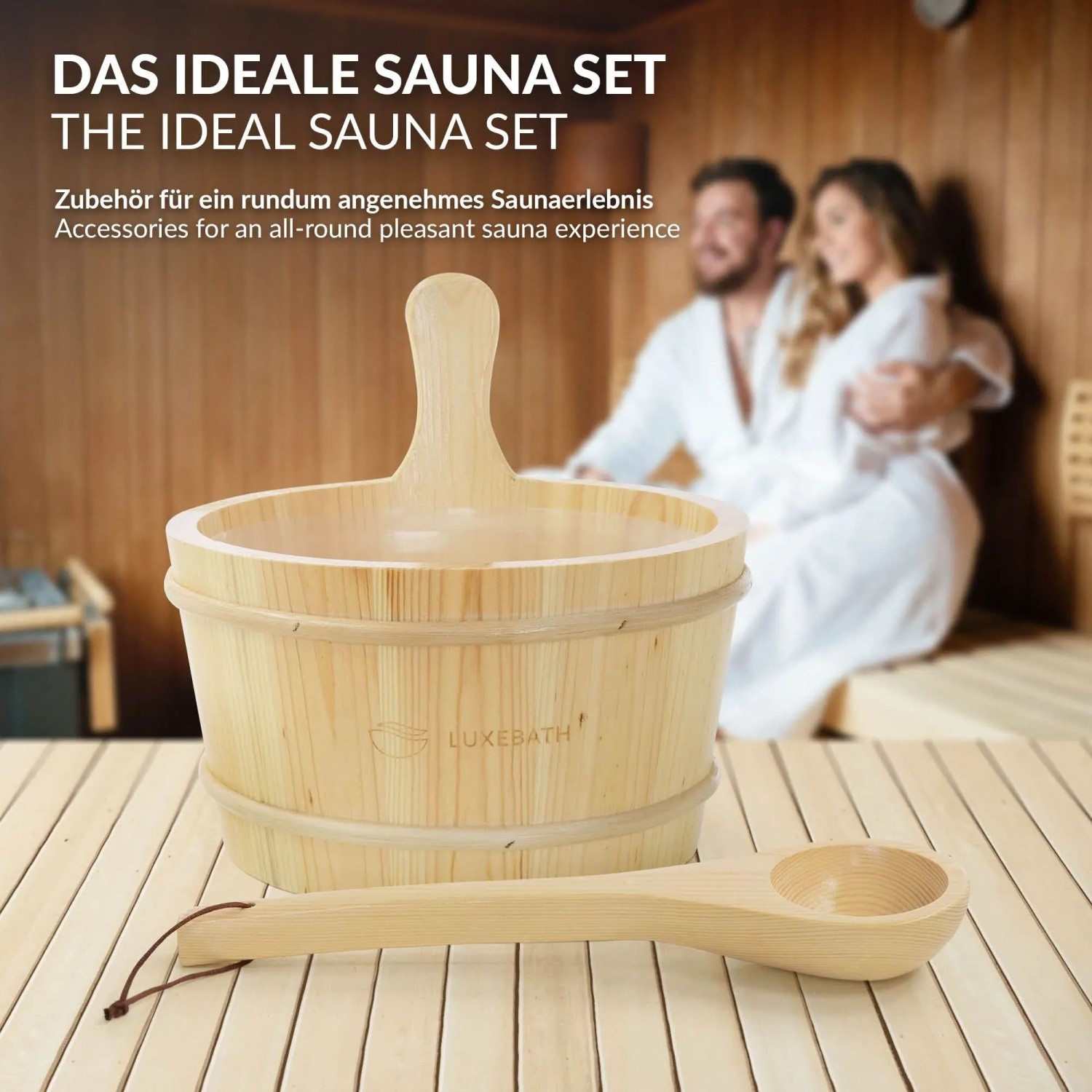 LuxeBath Saunazubehör Set 2 Teilig aus Massivem Kiefernholz Aufgusskübel und Schöpfkelle_4