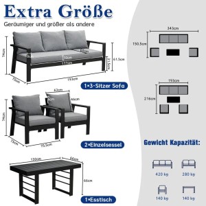 MeXo Dining Lounge Set, Aluminium, schwarz, mit Esstisch für 5 Personen. Gartenmöbel.