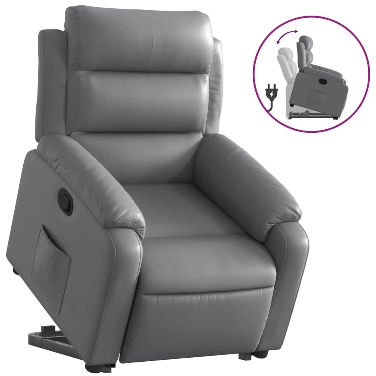 Grauer Relaxsessel aus Kunstleder mit Aufstehhilfe und Liegefunktion. Bequemer Sessel mit Seitenfach.