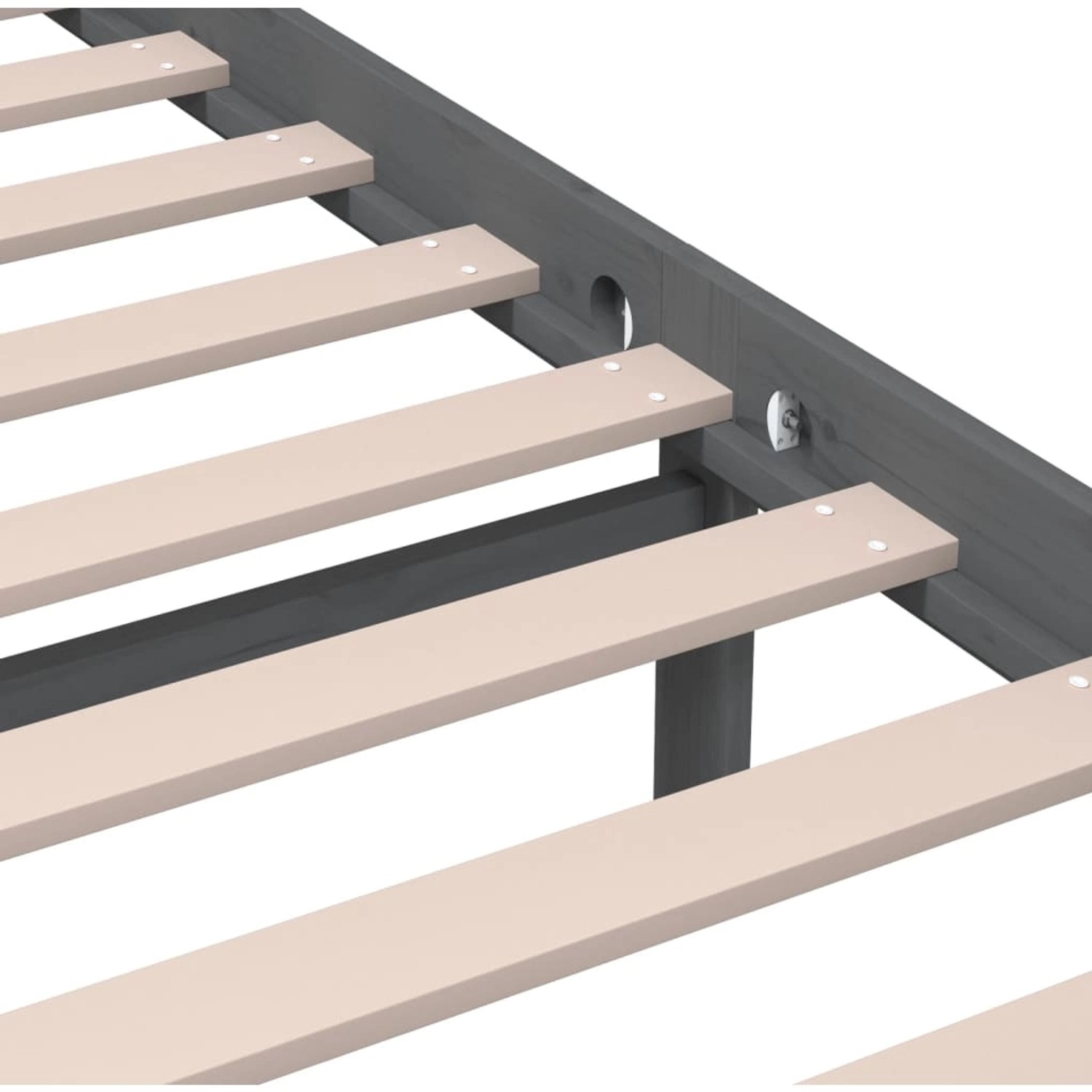 Detailansicht des grauen vidaXL Massivholzbett 200x200 cm mit Lattenrost.