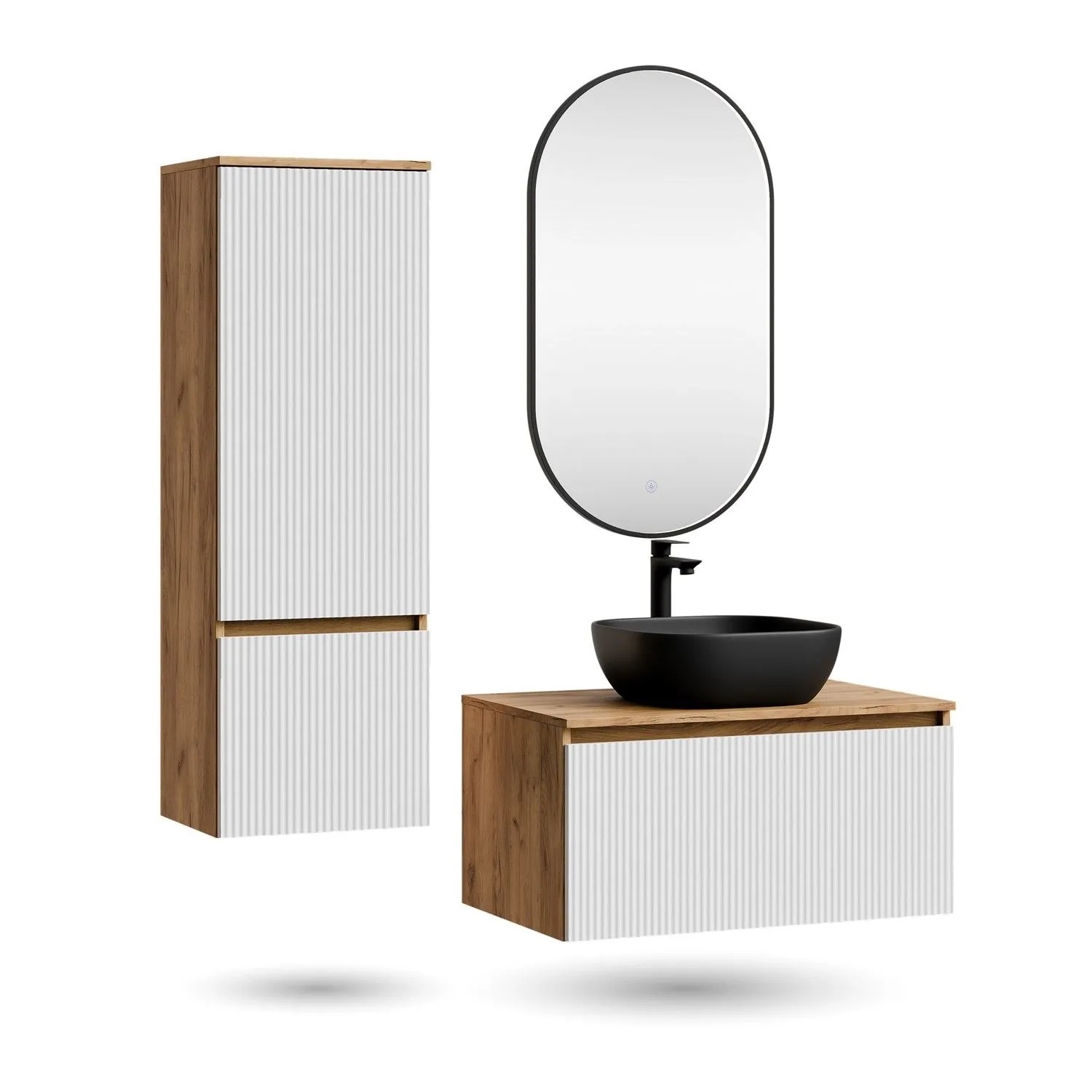 Planetmöbel ARISA Badmöbel Set 80 cm Weiß Geriffelt mit Hochschrank Glora LED Spiegel Dimmbar und Keramik Aufsatzwaschbecken 42 cm Schwarz
