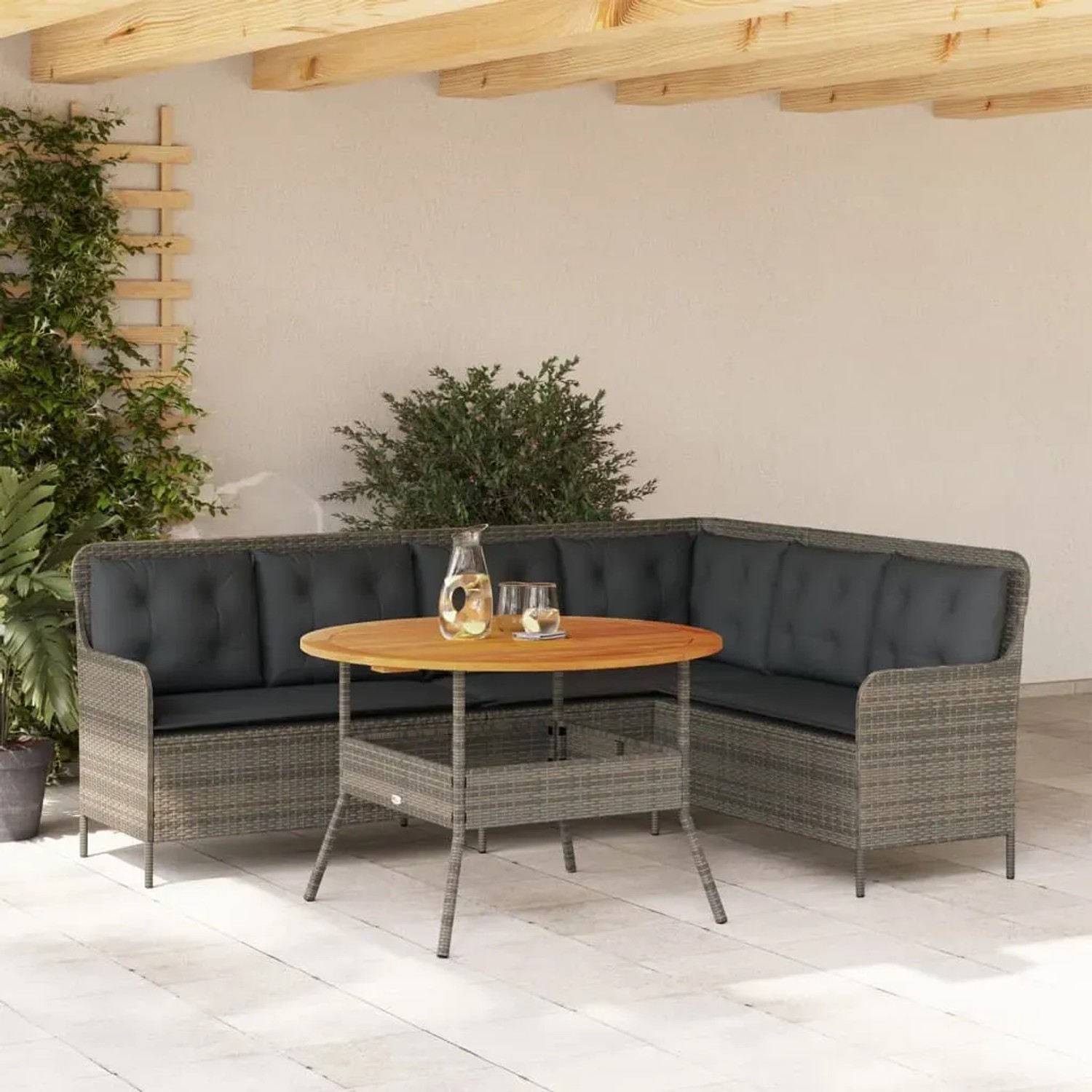 Set Da Giardino Lounge 2 Pezzi In Rattan Sintetico Grigio Con Cuscini - Divano Angolare E Poggiapiedi