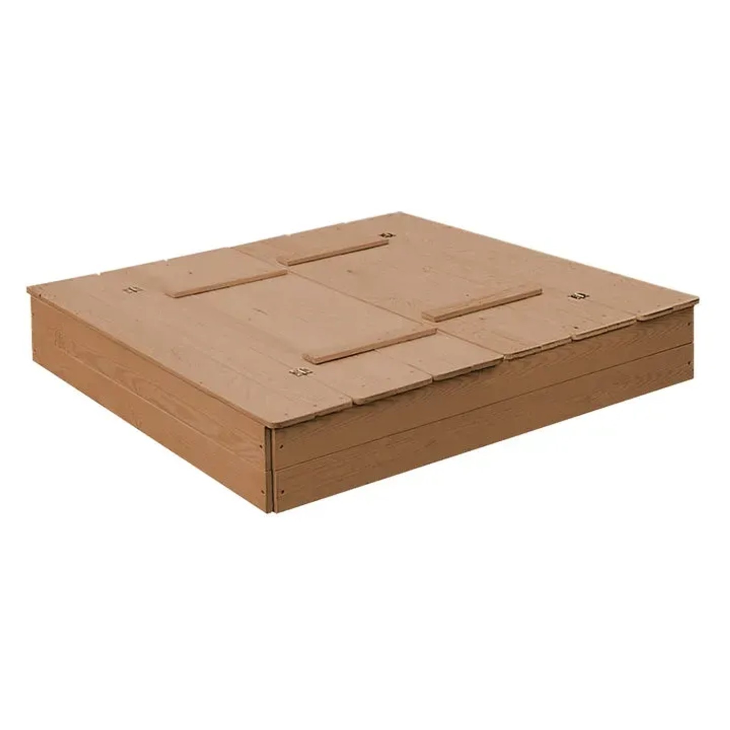 Quadratischer roba Sandkasten aus Holz mit Deckel, der zu Sitzbänken umklappbar ist.