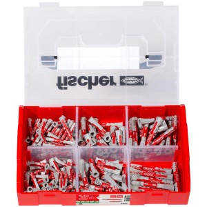 Fischer L-BOXX mini mit 210 DuoPower Dübeln kurz & lang, sortiert in roter Kunststoffbox mit transparentem Deckel.