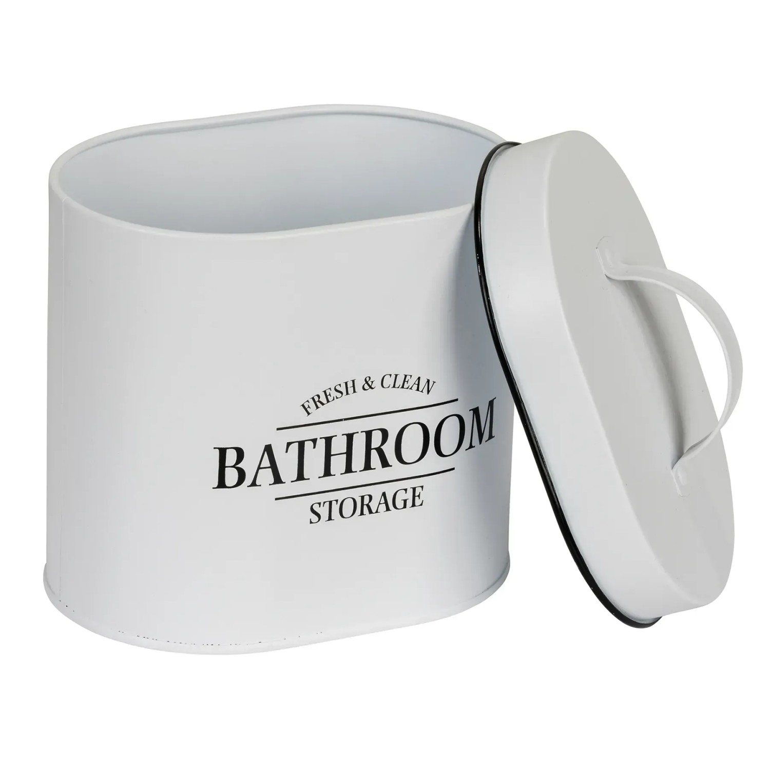 Ovale, weiße Badbox Pali mit Deckel und Bambusgriff von Wenko. Aufdruck 'Bathroom Storage'.