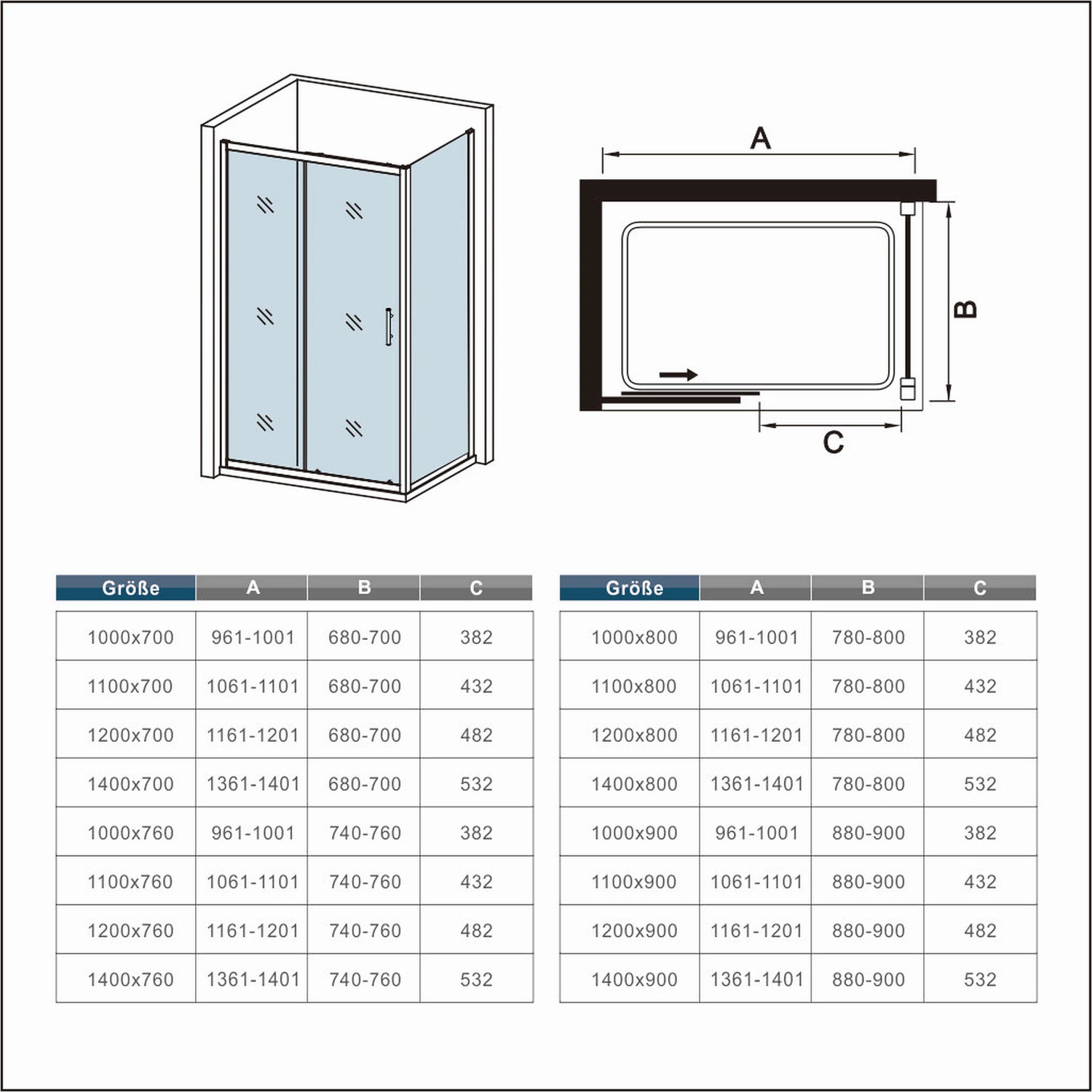 AICA Duschkabine 140cm mit Seitenwand, Schiebetür, 5mm ESG Glas, chromglänzend. Dusche ohne Tasse.