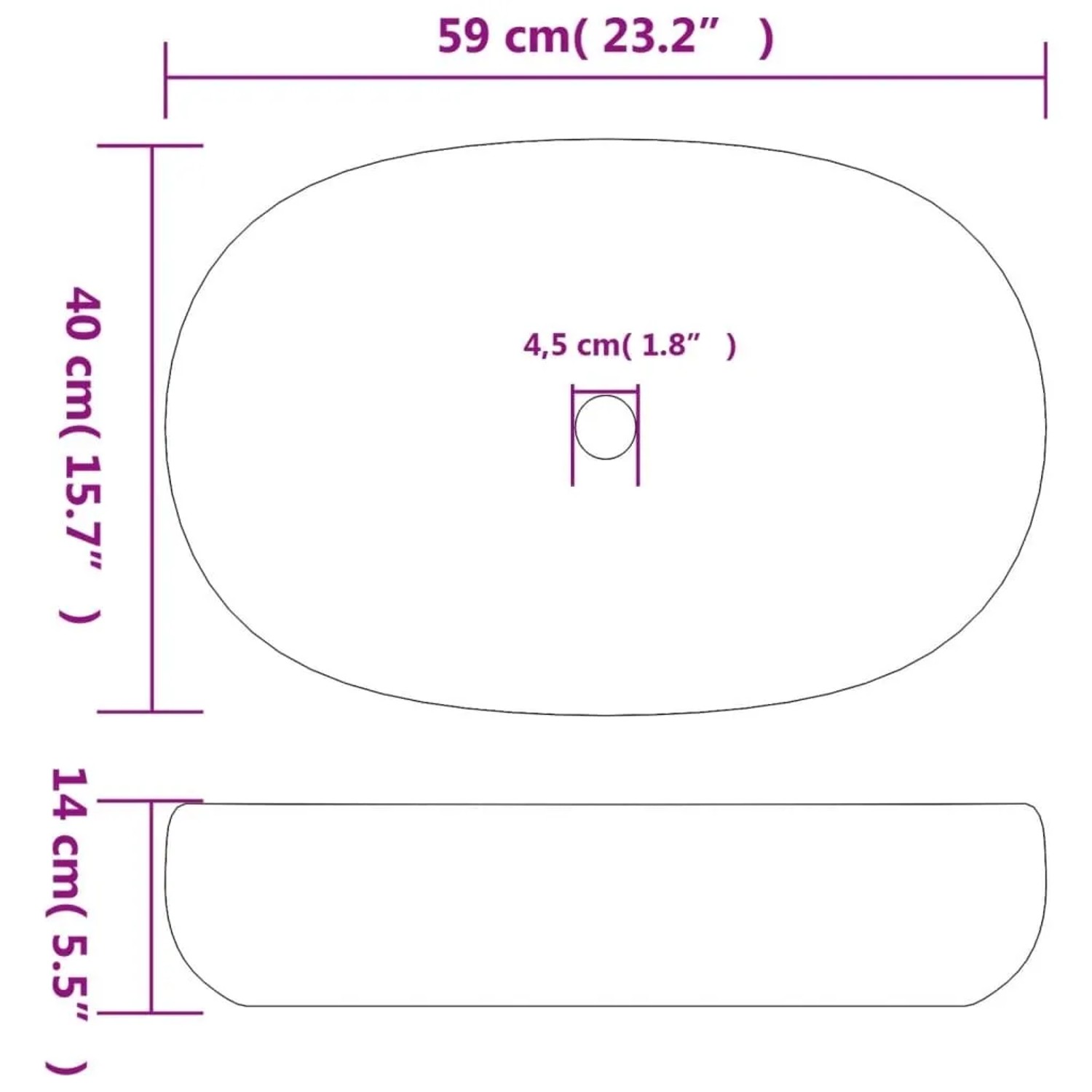 Skizze Aufsatzwaschbecken, braun/blau, oval, 59x40x14 cm, Keramik, Abmessungen