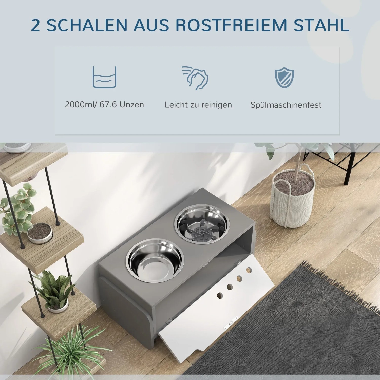 Höhenverstellbarer PawHut Hundenapf aus MDF und Stahl, grau, mit zwei Edelstahlnäpfen.