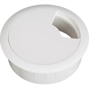 Weiße Kabeldurchlassdose, Ø 60 mm, für Schreibtisch-Kabelmanagement.