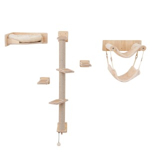 Costway Katzenbaum Wand Kletterbaum Holz Natur 5 PCS-2 Hängematten