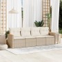Beige 4-tlg. Garten-Sofagarnitur aus Rattan mit cremeweißen Kissen. Gartenmöbel für Terrasse und Garten.