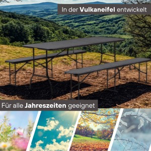 Albatros Bierzeltgarnitur Rattan, bestehend aus Tisch und zwei Bänken im Outdoor-Bereich.