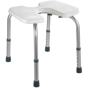 Wenko Duschhocker Secura, weiß, mit Hygieneausschnitt und höhenverstellbaren Aluminiumbeinen.