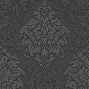 Schwarze Vliestapete mit erhabenem, glitzerndem Barock-Ornamentmuster. Dekorative Wandgestaltung.