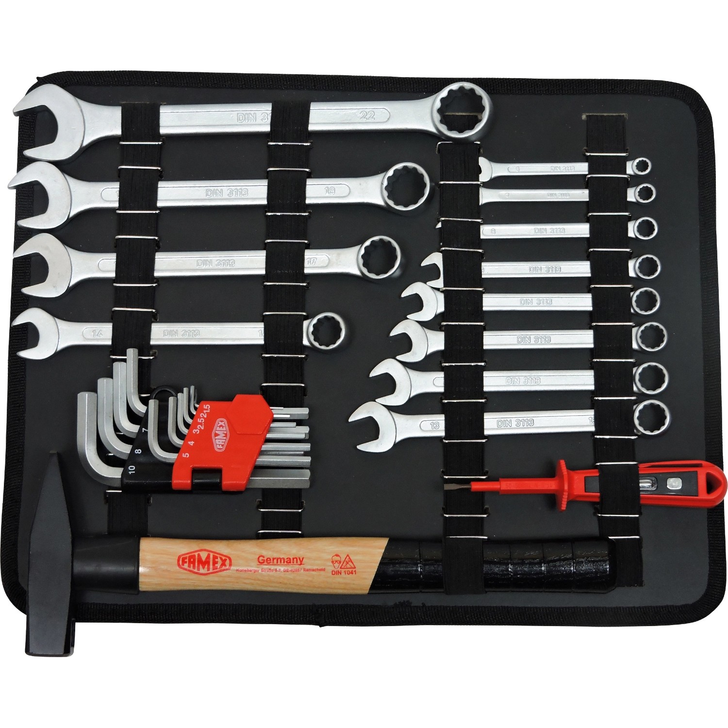 Famex Werkzeugkoffer Universal 749-88 mit Werkzeugen wie Hammer, Schraubenschlüssel und Zangen.