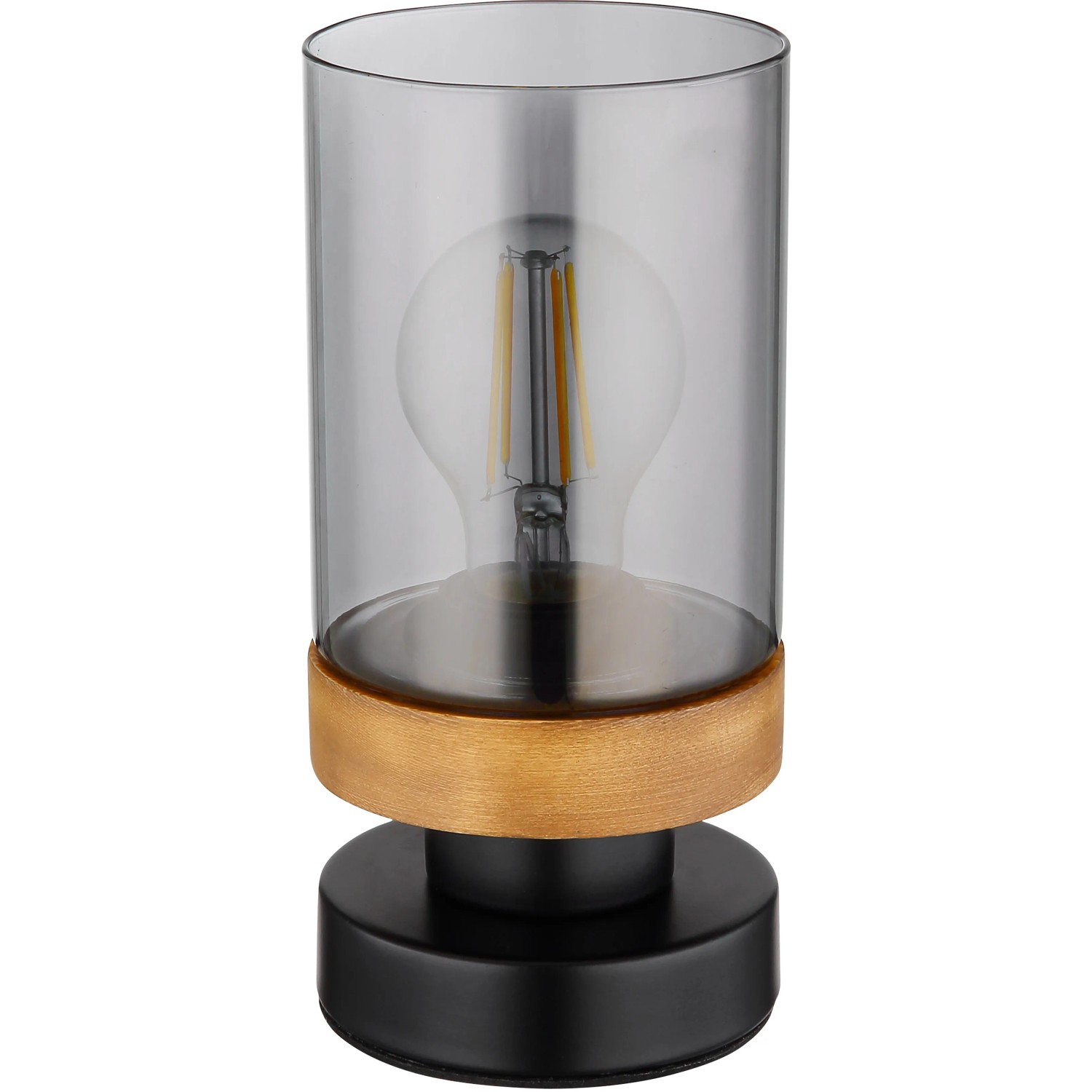 Schwarze Globo Tischlampe Finca mit Rauchglas und Holzdetail, 20,5cm hoch.