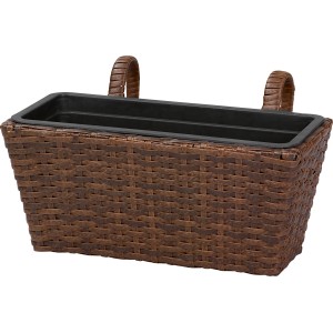 Brauner Balkon-Pflanzkasten aus Polyrattan mit Haken zur Geländerbefestigung.