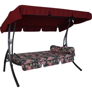 Angerer Hollywoodschaukel Trend Dresden, 3-Sitzer, schwarz mit Blumenmuster und rotem Sonnendach.