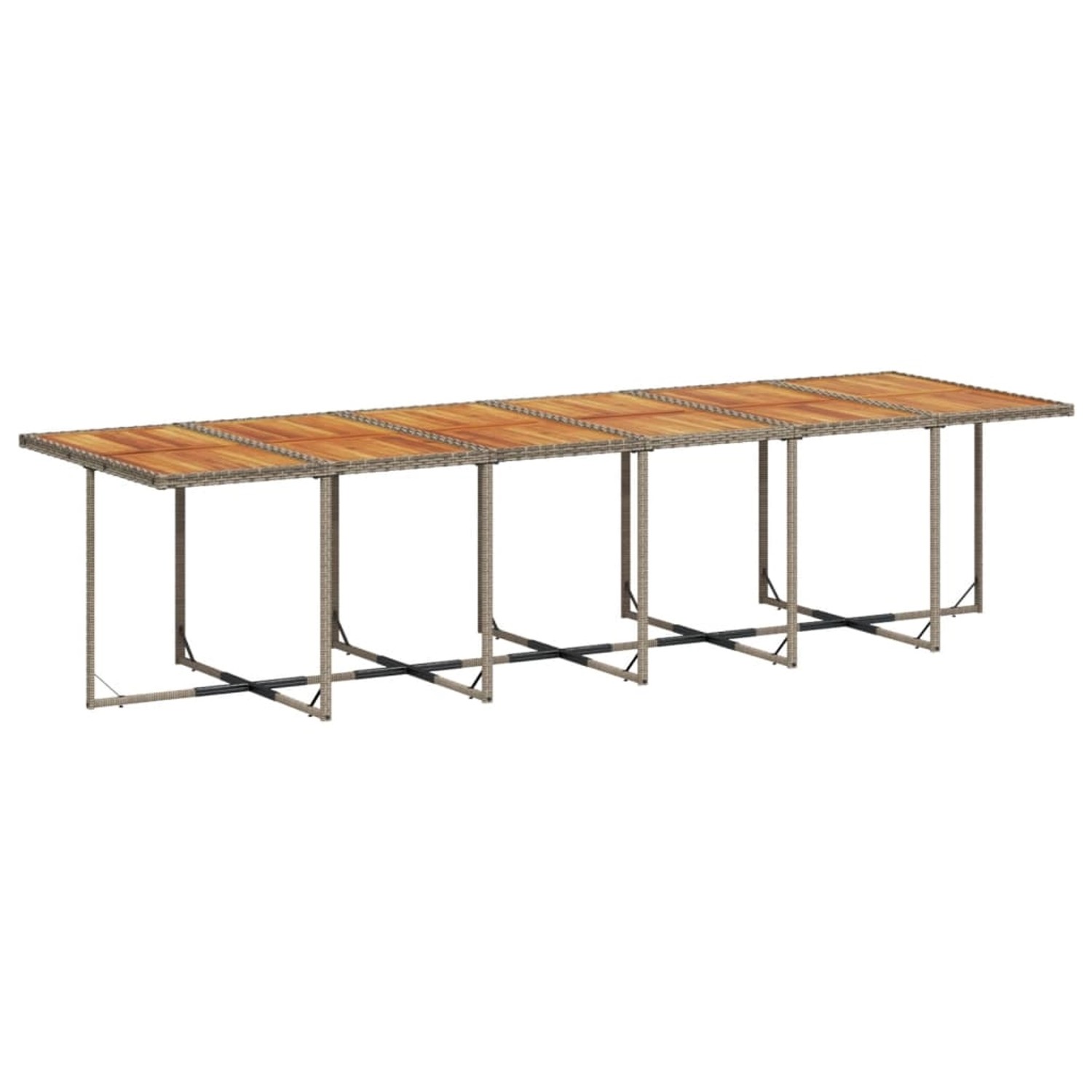 Lange, graue vidaXL Garten-Essgruppe aus Rattan mit Akazienholz-Tischplatte für den Außenbereich.