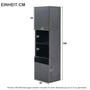 PXloue Vitrine Schwarz 45 x 35 x 160 cm Hochglanz Glasboden Hochschrank mit LED RGB  Kippsicherung