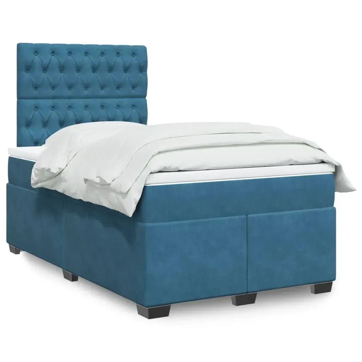 Blaues vidaXL Boxspringbett 120x200 cm mit Samtbezug, Matratze und Kopfteil.