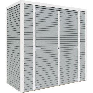 Graues Bertilo Holz-Gartenhaus Box 1 mit Doppeltür und Rhombusprofil.