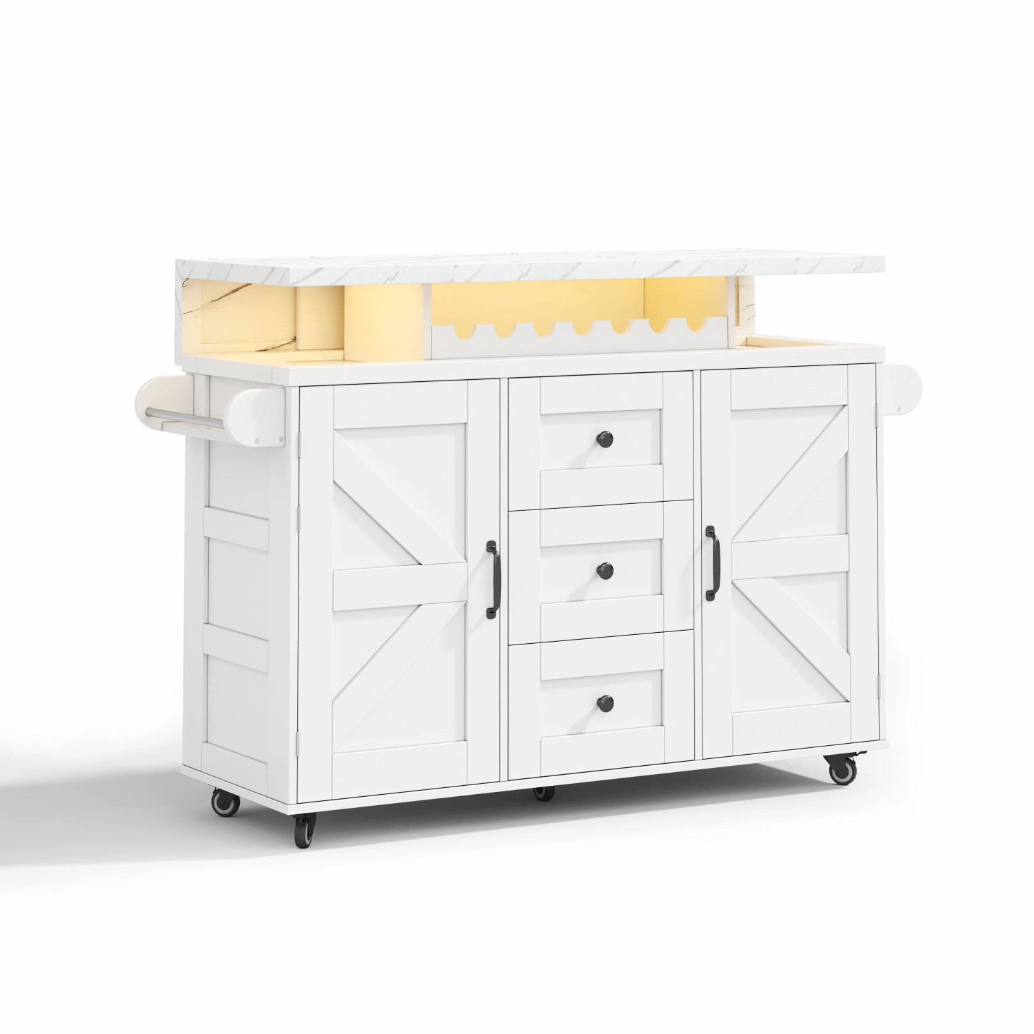 okwish Kücheninsel mit Klappbarer Arbeitsplatte 5 Rädern Weingestell Küche 120x42x93cm Weiß
