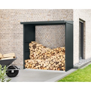EcoStar Kaminholzregal Trend-V Typ 2, anthrazitgrau, gefüllt mit Holz.