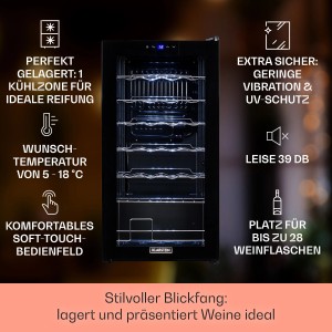 Klarstein Shiraz 28 Uno Weinkühlschrank für 28 Flaschen, schwarzes Gehäuse mit Glastür und digitalem Display.