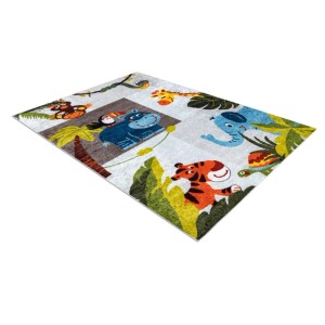 Grauer Junior Teppich mit bunten Dschungeltieren wie Affe, Elefant, Tiger und Nilpferd im Patchwork-Design für Kinderzimmer.