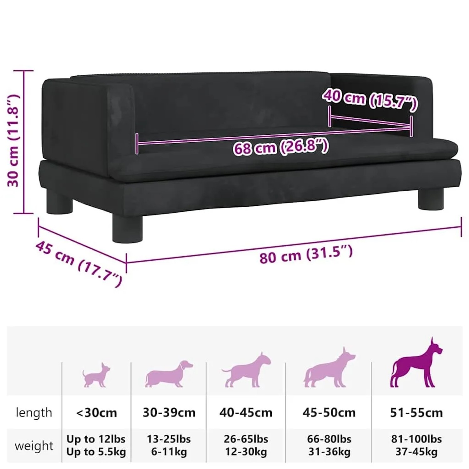 Schwarzes vidaXL Hundebett (80x45x30 cm) aus Samt. Gemütliches Hundekörbchen für kleine Hunde.