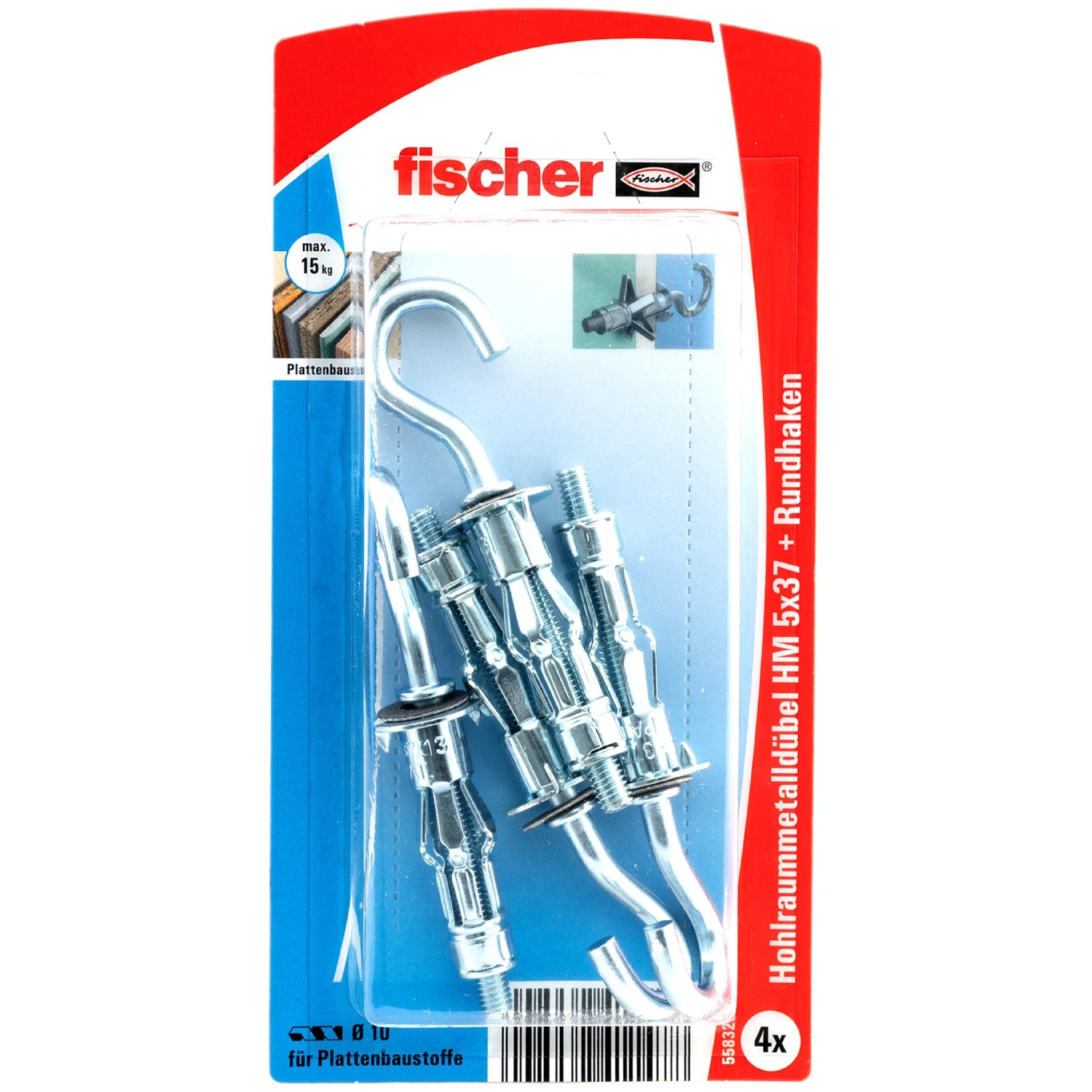 Fischer Hohlraum-Metalldübel HM RH mit Rundhaken 5 mm x 37 mm 4 Stück