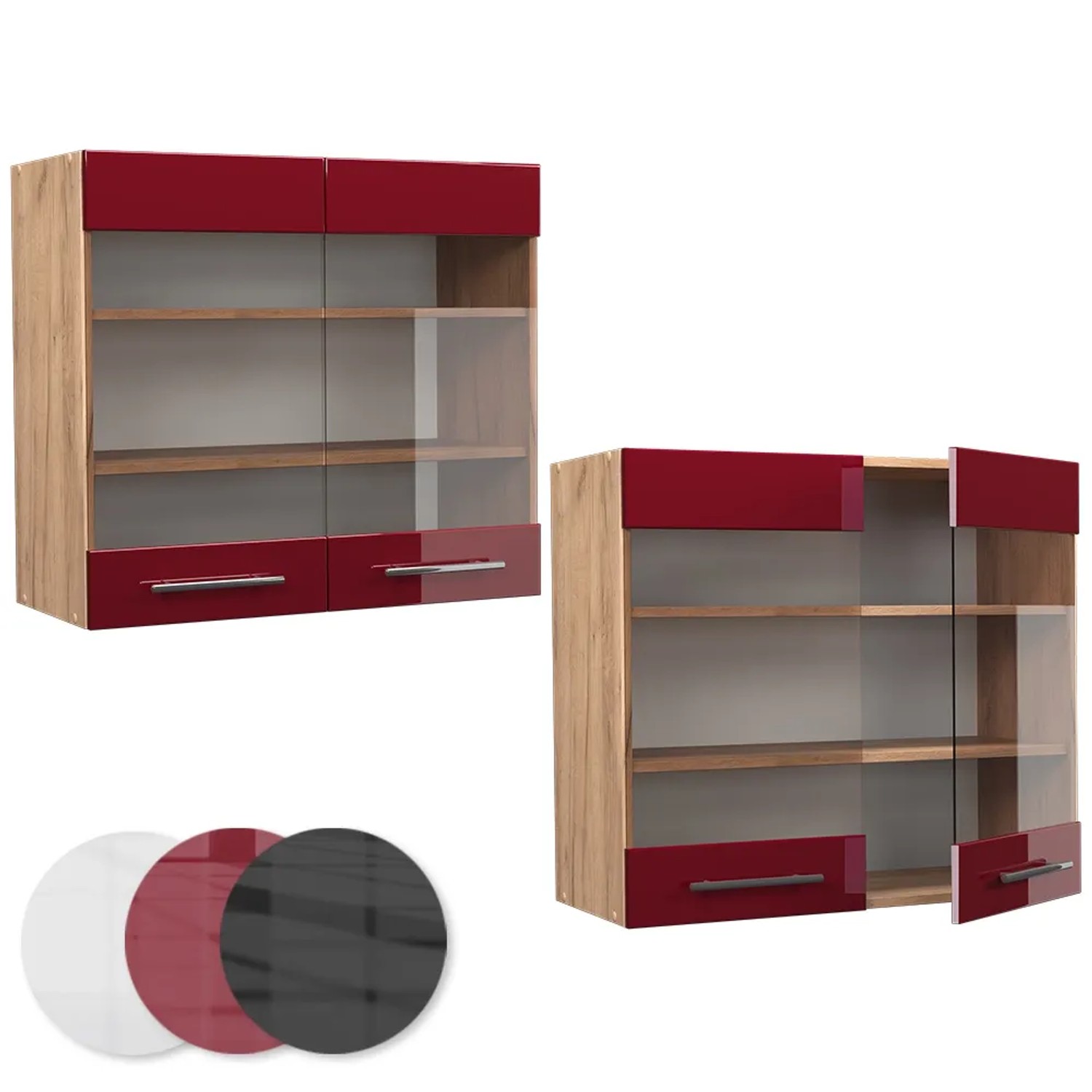 Vicco Küchenglasschrank Fame-Line in Bordeaux Hochglanz/Goldkraft Eiche, 80 cm breit.