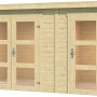 Lasita Holz-Gartenhaus Zambezi XL, naturbelassen mit zwei Doppeltüren mit Glaseinsätzen.