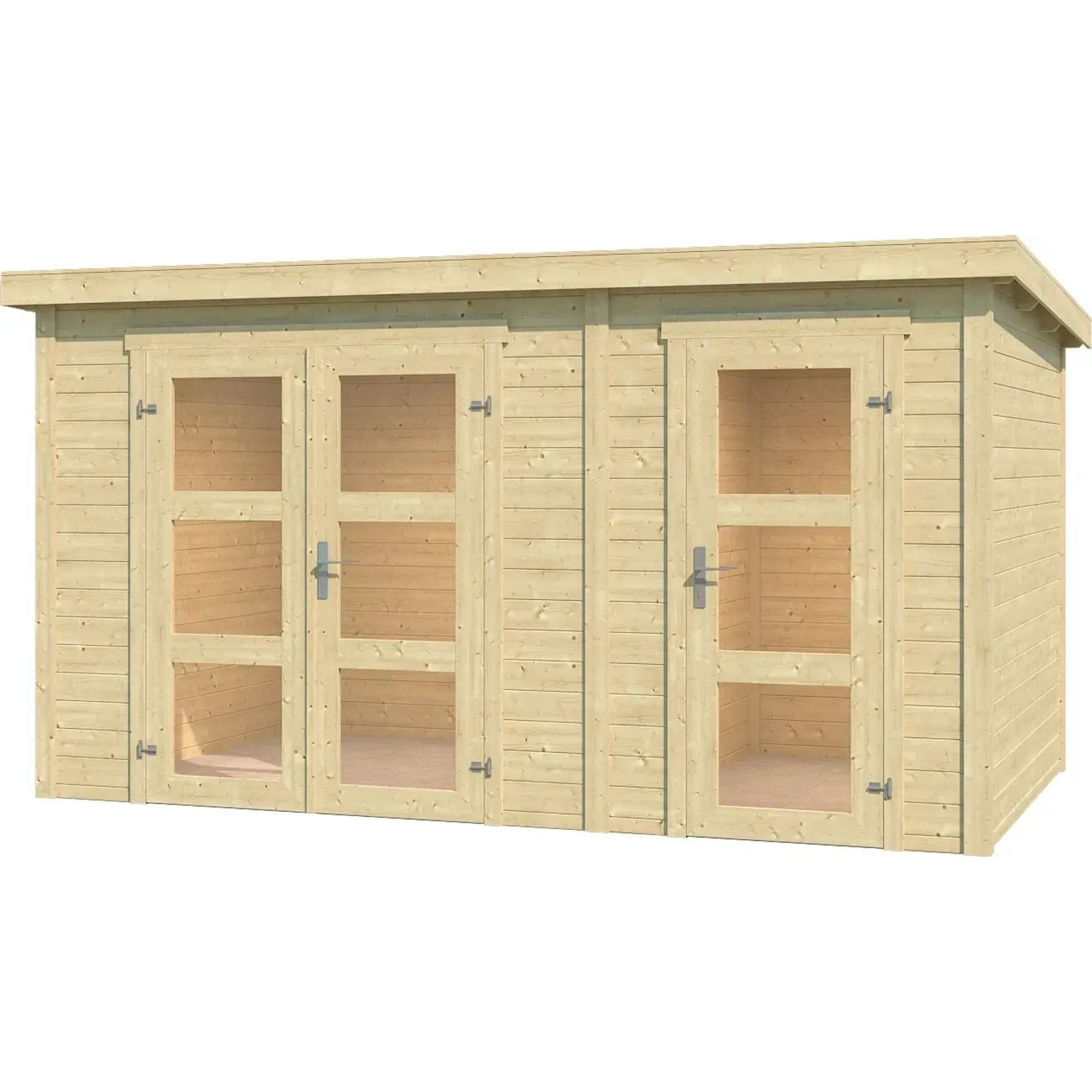 Lasita Holz-Gartenhaus Zambezi XL, naturbelassen mit zwei Doppeltüren mit Glaseinsätzen.