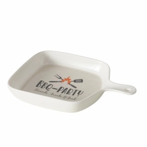 Beige BBQ Schale von Boltze, quadratisch mit Griff und Aufdruck "BBQ-Party".