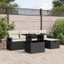 Schwarze 6-tlg. vidaXL Garten-Sofagarnitur aus Poly Rattan mit Tisch, Ottomane und cremefarbenen Kissen.