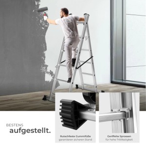 Tectake 4-in-1 Alu-Multigerüst mit Rollen: Silberne Leiter als Anlege-, Bock- oder Arbeitsgerüst beim Malern.