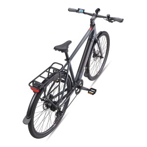 TELEFUNKEN E-Bike UH210 Urban, Granitgrau, 28 Zoll mit Gepäckträger, 7-Gang-Schaltung und LCD-Display.