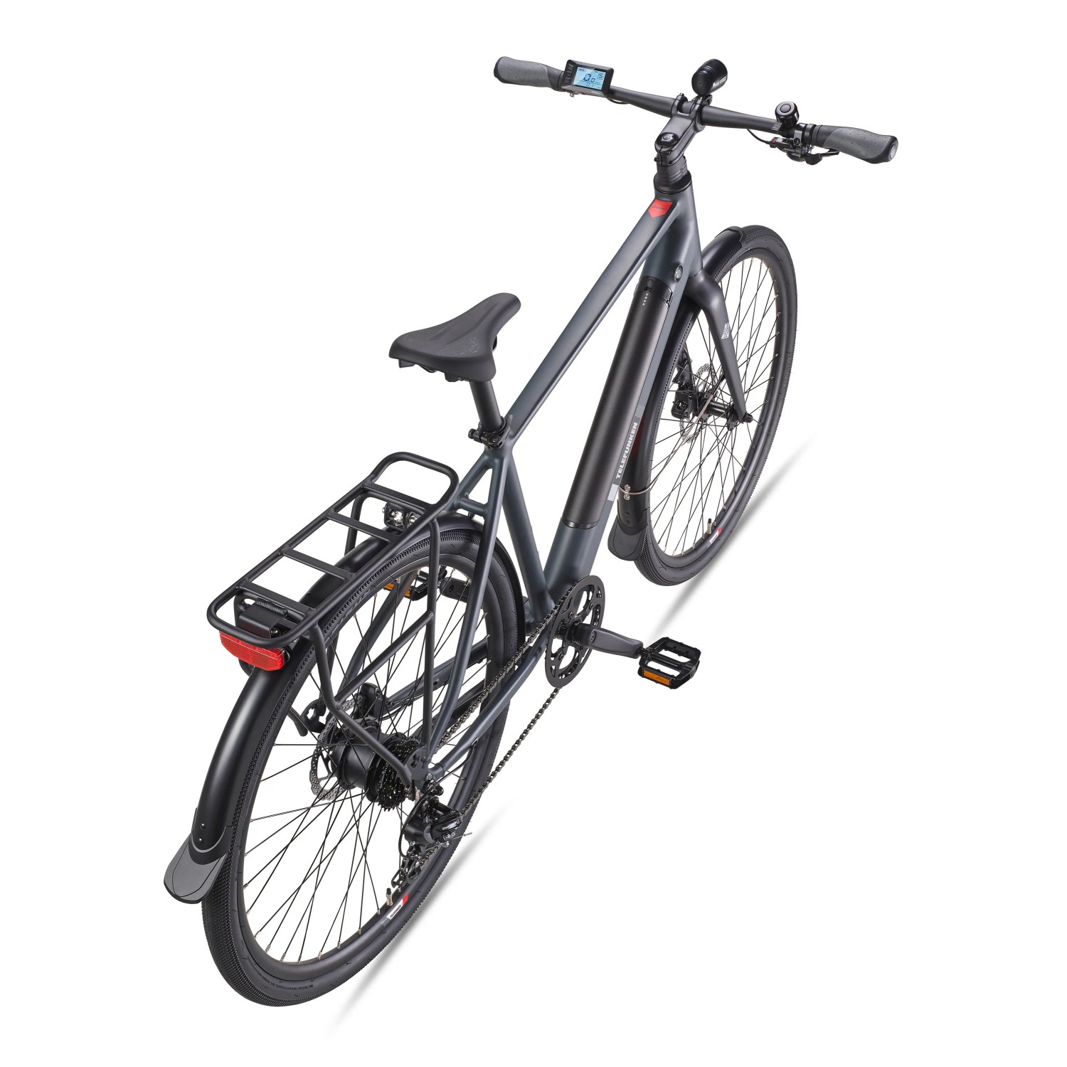 TELEFUNKEN E-Bike UH210 Urban, Granitgrau, 28 Zoll mit Gepäckträger, 7-Gang-Schaltung und LCD-Display.