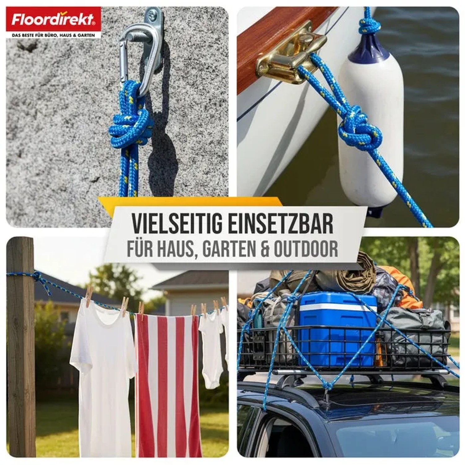 Anwendungsbeispiele: Blau-gelbes Polypropylen Seil als Universal Seil für Haus, Garten und Outdoor.